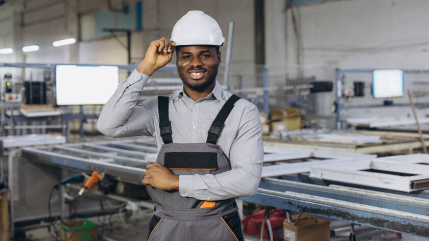 Smiling african american factory worker adjusting his hardhat in a window and door production line